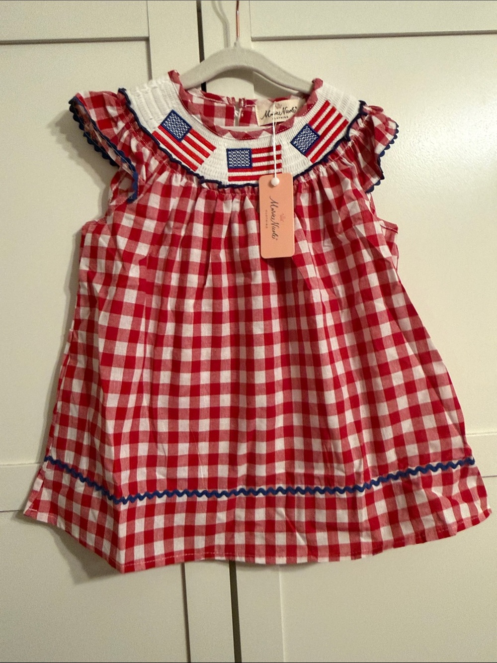 Smocked Gingham Girls Dress with Flag Detail